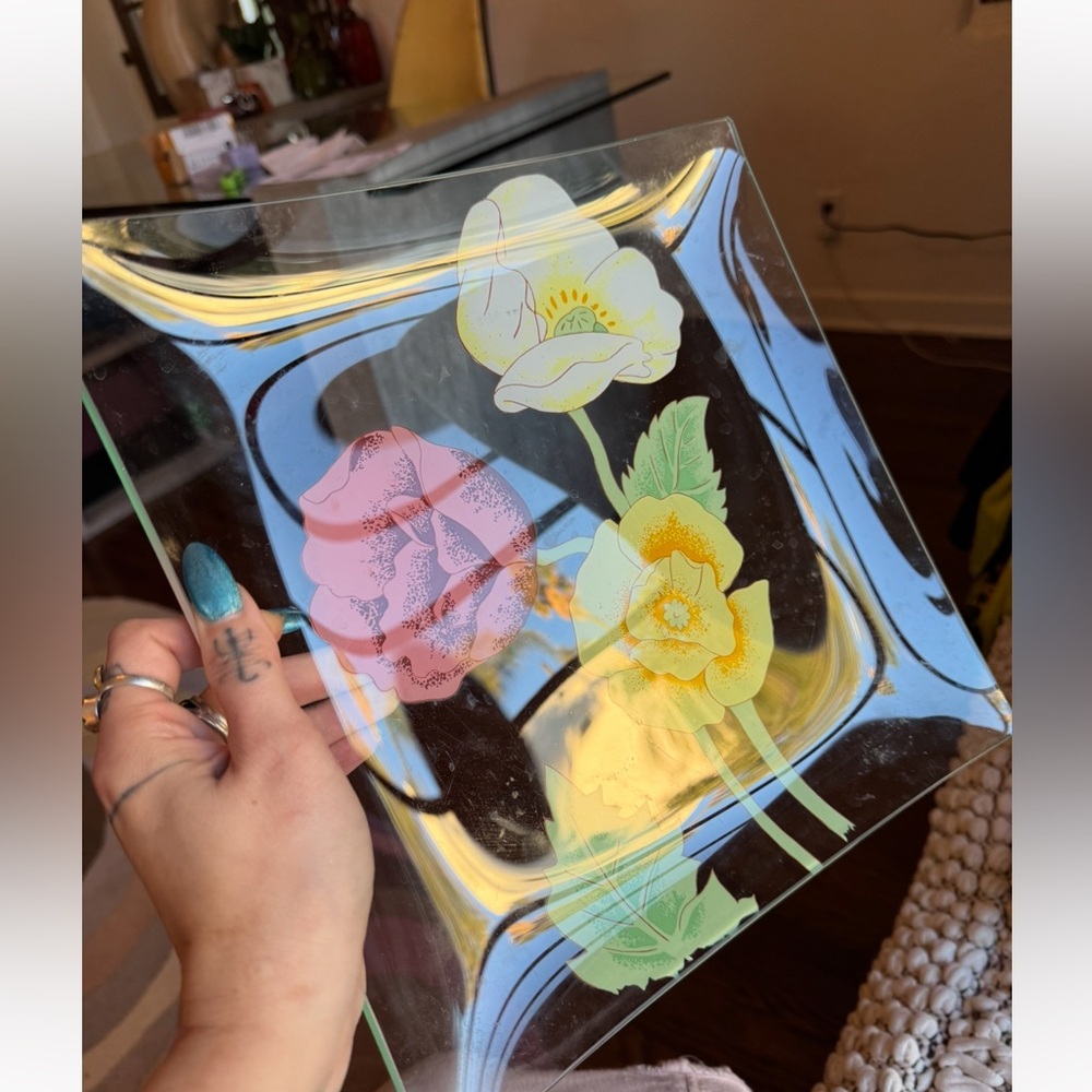 Vintage Floral Glass Plate with pink and yellow roses and green leaves